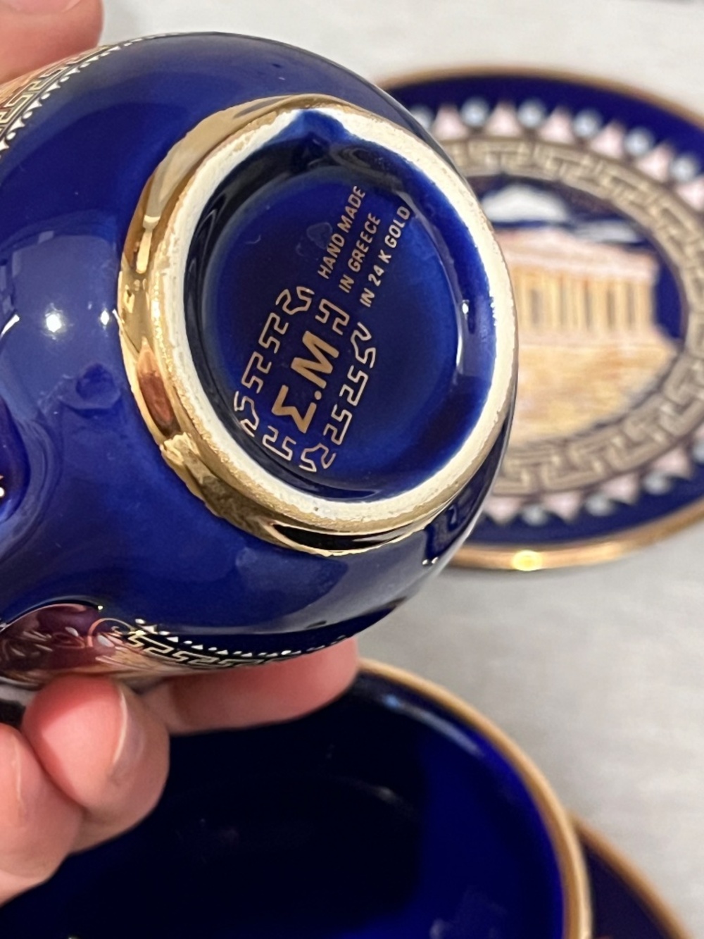 Greek Parthenon 24K Gold Cobalt Cup & Saucer Set 10 Pieces - Picture 11 of 15